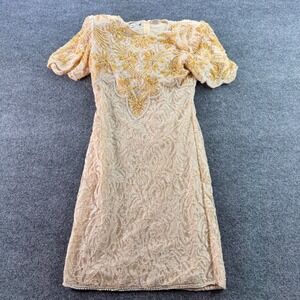 Laurence Kazar Beaded Lace Dress Vintage 80s Sequin Pearl Cocktail M Peach Women